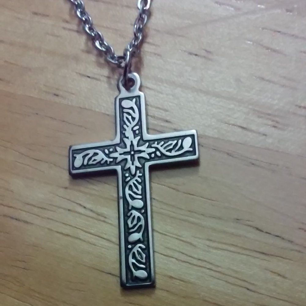 Silver Cross Necklace Designs On Front Hangs 12" Cross 1 1/2" x 3/4" Unisex